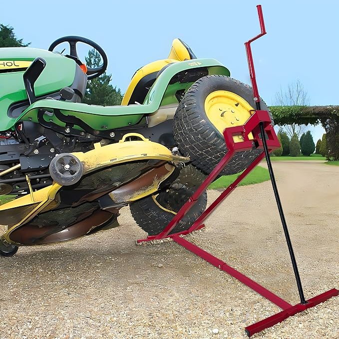 Riding Mower Lift,890 Lbs Capacity Lawn Mower Lift Jack with Manual Handle and Power Tool Extension Handle,Foldable Design,Ride on Lawn Mower Lift for Lawn Mowers and Garden Tractors, Red