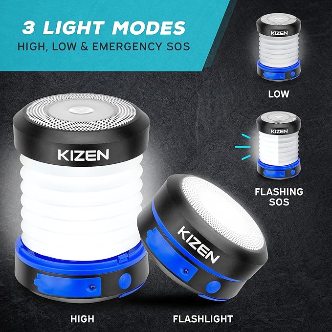 Kizen Outdoor Solar Lantern - Solar or Plug Rechargeable Lantern - Collapsible LED Light for Power Outages - Camping Essential Lamp for Tent Light, Hanging, or Flashlight