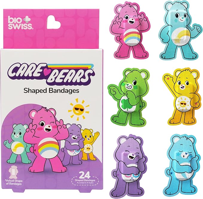 BioSwiss Care Bears Kids Bandages, Unlock The Magic Care Bear Shaped Self Adhesive Bandage Set, Latex Free, Sterile Wound Care, 24 Count