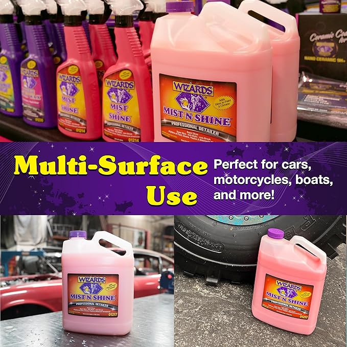 Wizards Mist-N-Shine Professional Detailer - 1 Gallon Refill - Multi-Purpose High Gloss Waterless Quick Detailer for Glass, Chrome, Paint & Plastics - Car Exterior Cleaner Auto Detailing Supplies