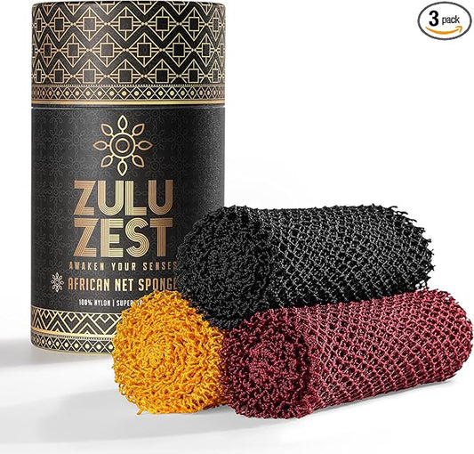 Authentic African Net Sponge – 3-Pack Exfoliating Mesh for Face & Body, Deep Clean, Quick Dry, Long-Lasting Bath Scrubber for All Skin Types, Travel-Friendly & Durable (Black, Yellow, Red)