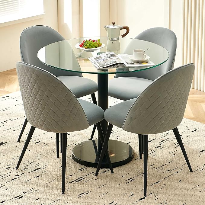 Modern Circle Dining Table Set for 4, 35.43-Inch Kitchen Coffee Table Set with 4 Seated Dining Chairs Upholstered Velvet Reception Room Chairs, Tulip Glass Table Set, Metal and Marble Base