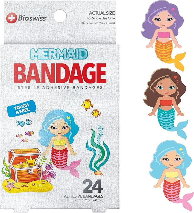 BioSwiss Kids Bandages, Mermaid Shaped Self Adhesive Bandage Set, Latex Free, Sterile Wound Care, 24 Count