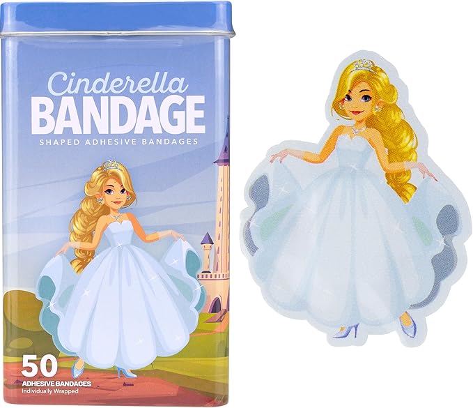 BioSwiss Kids Bandages, Princess Cinderella Shaped Self Adhesive Bandage Set, Latex Free, Sterile Wound Care, 50 Count