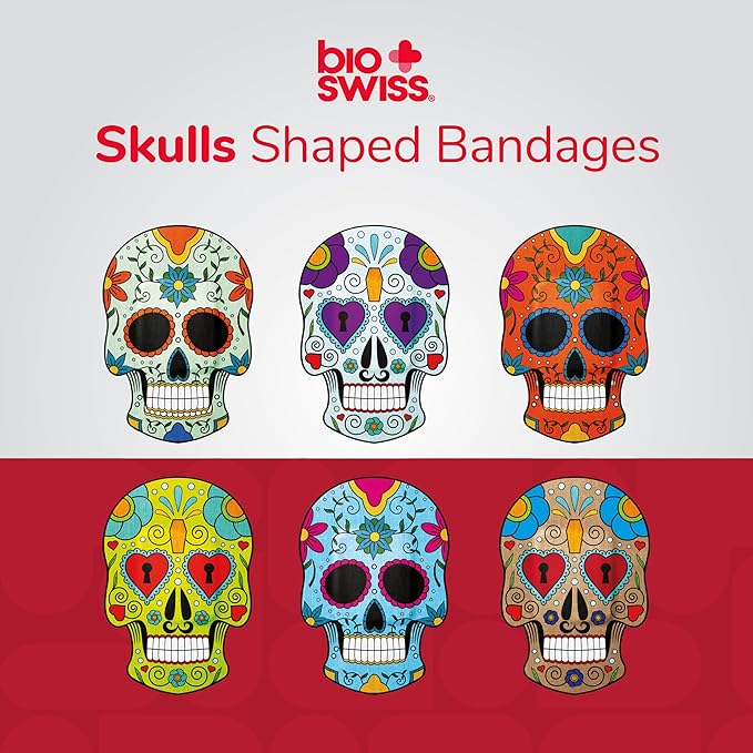 BioSwiss Kids Bandages, Sugar Skull Shaped Self Adhesive Bandage Set, Latex Free, Sterile Wound Care, 24 Count