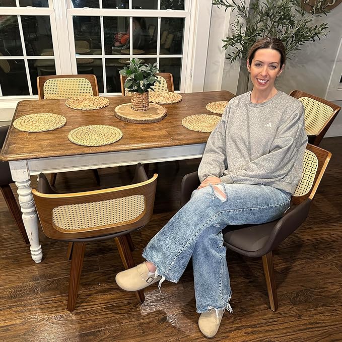 Set of 6 Swivel Dining Chairs - Swivel Walnut Dining Chairs with Ergonomic Cane Back, Bentwood Frame, Curved Arms, MCM Dining Chair for Kitchen/Conference/Restaurant/Living Room (Walnut Beige)