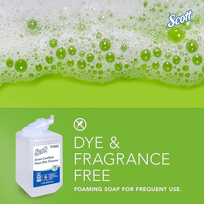 Scott Professional Green Certified Foam Hand Soap (91565), 1.0 L, Foaming, Clear, No Fragrance Added, Manual Refills, Ecologo, NSF E-1 Rated (6 Bottles)