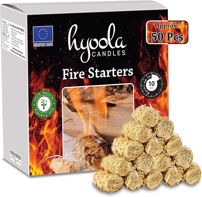 Firestarters - 100% Natural Fire Starters - Easy to Use for BBQ & Grill, Campfire, Charcoal, Fire Pit. Waterproof for Indoor/Outdoor Use - No Flare Ups - 10 Minute Burn - 50 Firelighters
