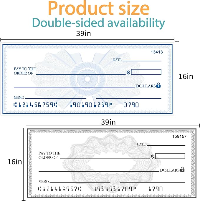 40x16 Inch Giant Check | Big Checks for Presentations | Double-Sided Oversized Checks | Waterproof Reusable Sign for Charity Events & Corporate Awards | Dry Erase Check