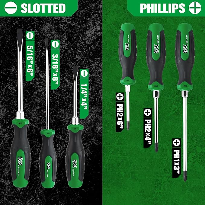 SK 6-Piece Magnetic Screwdriver Set, S2 Steel, 3 Slotted & 3 Phillips Screwdrivers, SureGrip Handle