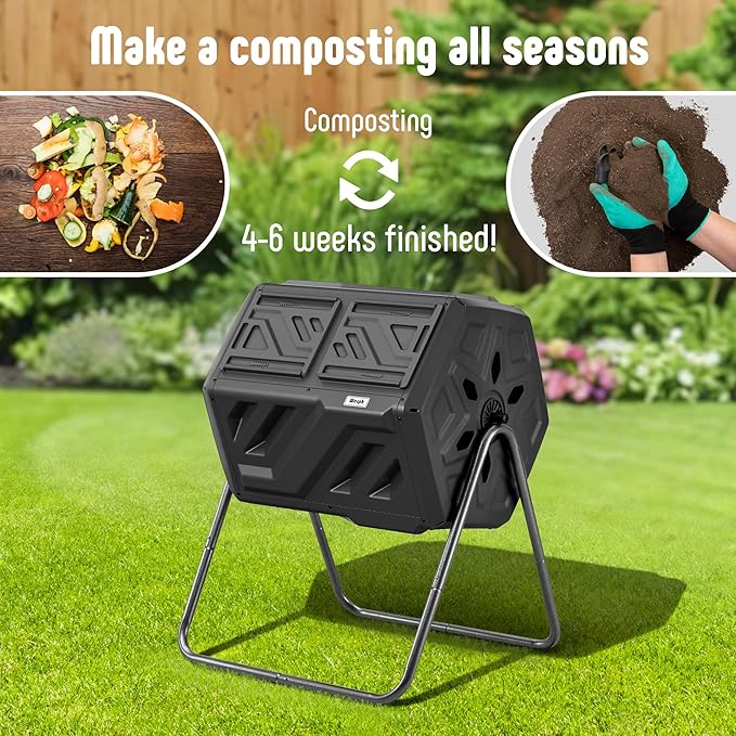 Compost Bin, Outdoor Composter, Fast Assembly 43 Gallon Dual Chamber Outdoor Compost Tumbler, Heavy Duty Tumbling Rotating Composter for Patio, Garden, Yard, Black, Easy Setup, Gloves Included