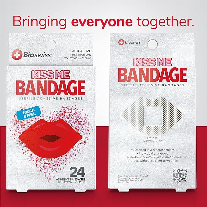 BioSwiss Kids Bandages, Lips Shaped Self Adhesive Bandage Set, Latex Free, Sterile Wound Care, 24 Count