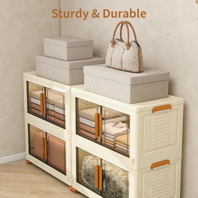 Plastic Stackable Storage Bins with Lids and Wheels, Foldable Closet Organizers and Storage Containers, Collapsible Clear Drawer Storage Cabinet with Doors Ivory White 360 QT