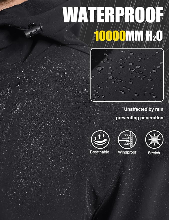MAGCOMSEN Men's Waterproof Fleece Lined Rain Jacket Lightweight Softshell Raincoat with Hood Winter Hiking Windbreaker