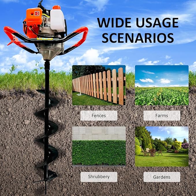 Post Hole Digger, 62CC 2 Stroke Auger Post Hole Digger, Gas Powered Earth Digger 3 Auger Drill Bits(3"& 6"& 8'') and 3 Extension Rods for Farm Garden Plant