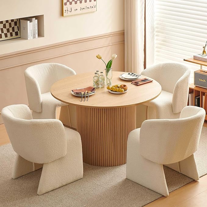 47-in Round Dining Table with 4 Chairs Set, Modern Kitchen Table with Two-Part Oak Wood Finish Tabletop and Wooden Strip Base, Fully Wrapped Teddy Velvet Barrel Dining Accent Chairs
