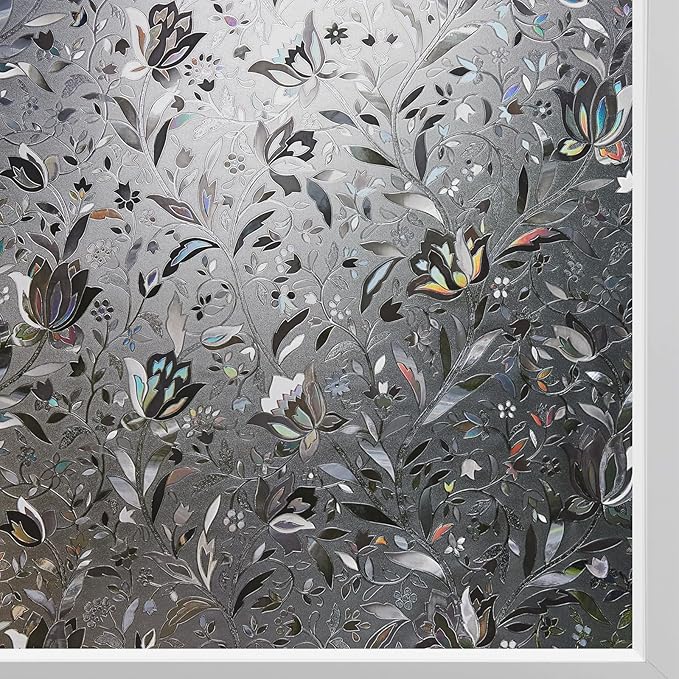 Kromapolis Window Film, Window Privacy Film Frosted, Vinyl Glass Covering, Stained Glass Decorative Film, Static Window Clings, Non-Adhesive (Grayish Black, 17.5 x 157.4 inch)