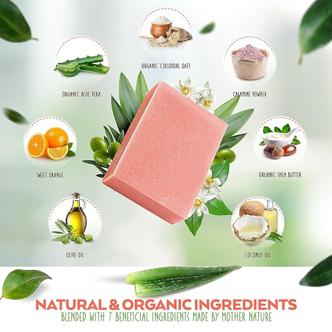 Aloe Vera & Oatmeal Soap Bar with Calamine, Natural & Organic Ingredients - Organic Aloe Vera & Colloidal Oats. Face & Body - for Men, Women & Teens. Gentle Body Wash. 4.5 oz Bar