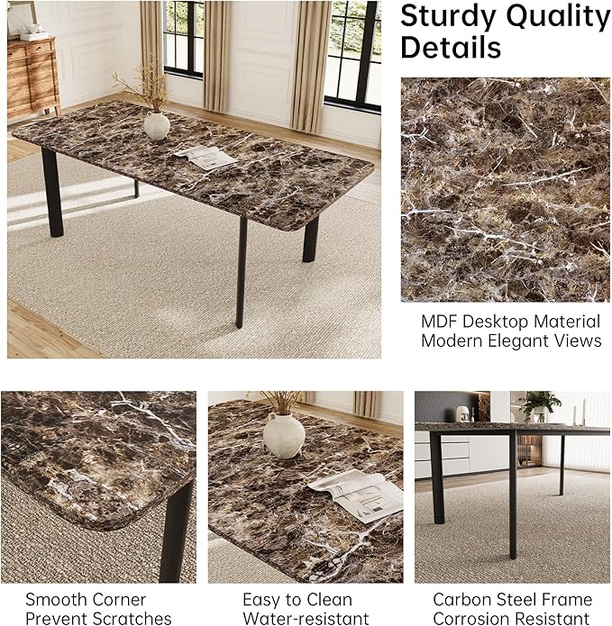 Extendable Dining Table Set for 6-8 People, 63 to 78.7 Inch MDF Kitchen Table with 6 Upholstered Chairs, Space-Saving for Dining Room, Breakfast Nook (Brown Table & 6 Black U-Shaped Chairs)