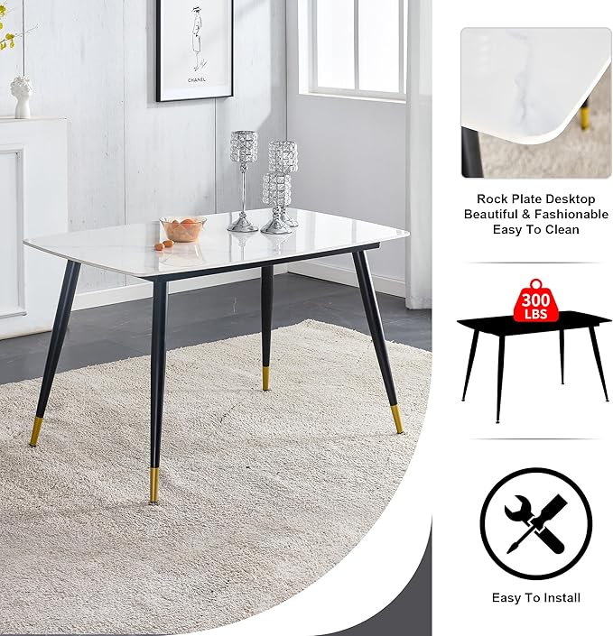 Modern Dining Table Set for 4, 50" Sintered Stone Kitchen Table and 4 Upholstered PU Leather Chair Dining Room Table Set for 4(1White Table and Black Chairs Set of 4)