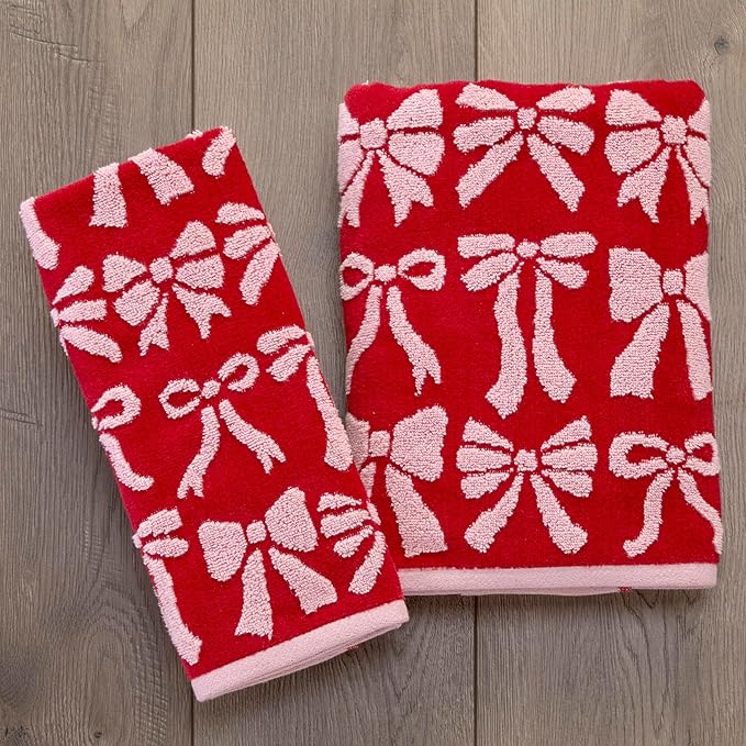 SKL Home Bow Jacquard 100% Cotton Premium 2-Piece Hand Towel Set, 500 GSM, Reversible, Soft & Absorbent, Everyday/Christmas/Winter/Valentine's, Decorative for Bath/Kitchen/Bar, Red/Pink