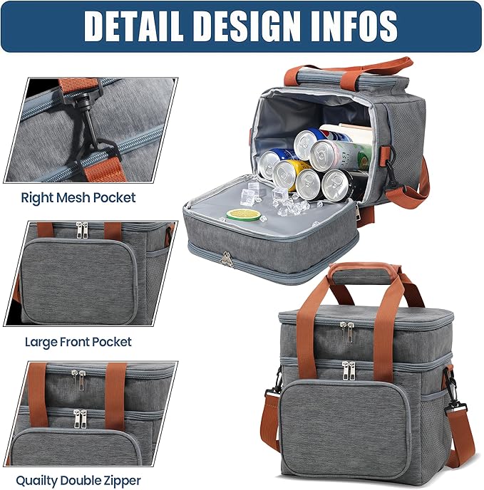 16 litres Insulated Lunch Bag for Men & Women, 2 Deck Lunch Box with Leak-Proof, Insulated Cooler Bag, Reusable Lunch Tote, with Adjustable Shoulder Strap for Office Picnic Hiking Beach