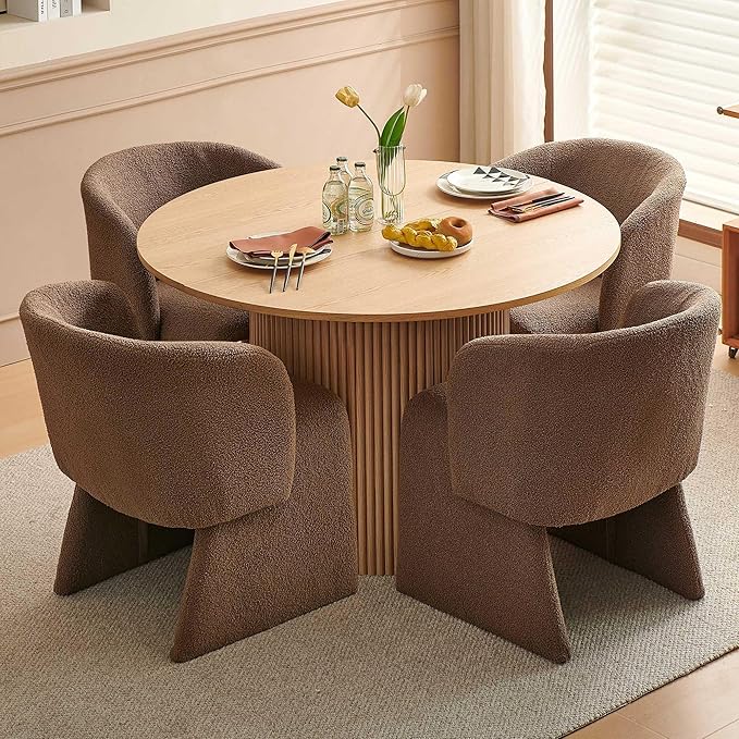 Dining Table Set for 4, 47" Round Kitchen Table with Two-Part Tabletop& Wood Strips Base, Oak Wood Finish Circle Dinner Table with Brown Teddy Velvet Dining Chairs Upholstered