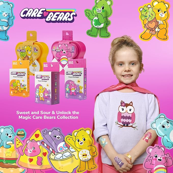 BioSwiss Care Bears Kids Bandages, Unlock The Magic Care Bear Shaped Self Adhesive Bandage Set, Latex Free, Sterile Wound Care, 24 Count