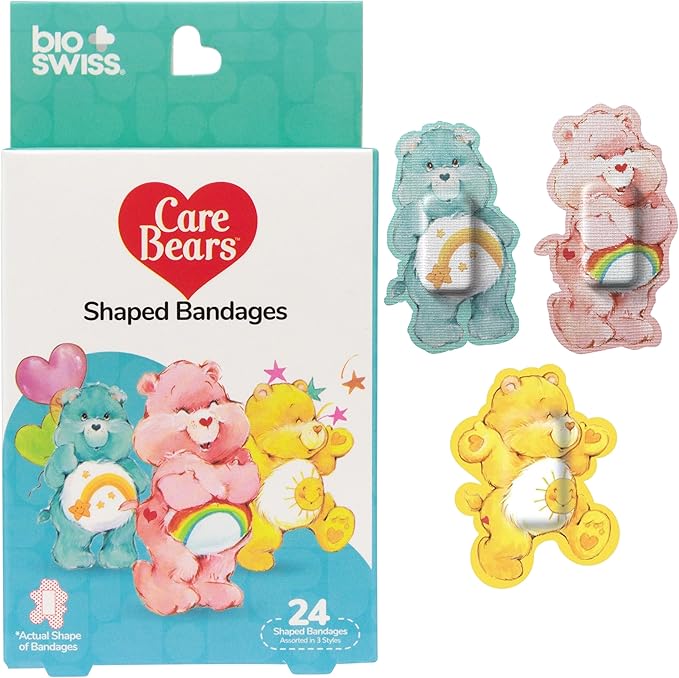 BioSwiss Care Bears Kids Bandages, Classic Care Bear Shaped Self Adhesive Bandage Set, Latex Free, Sterile Wound Care, 24 Count
