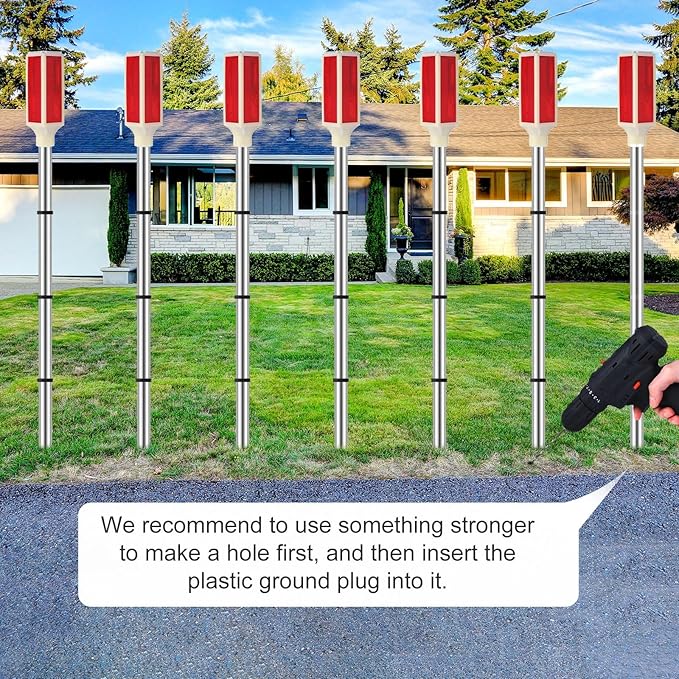 Macarrie 4 Pcs Solar Powered Driveway Markers Reflective Lights Driveway Reflectors on Poles for Snow Road Outdoor Yard Entrance (Red)