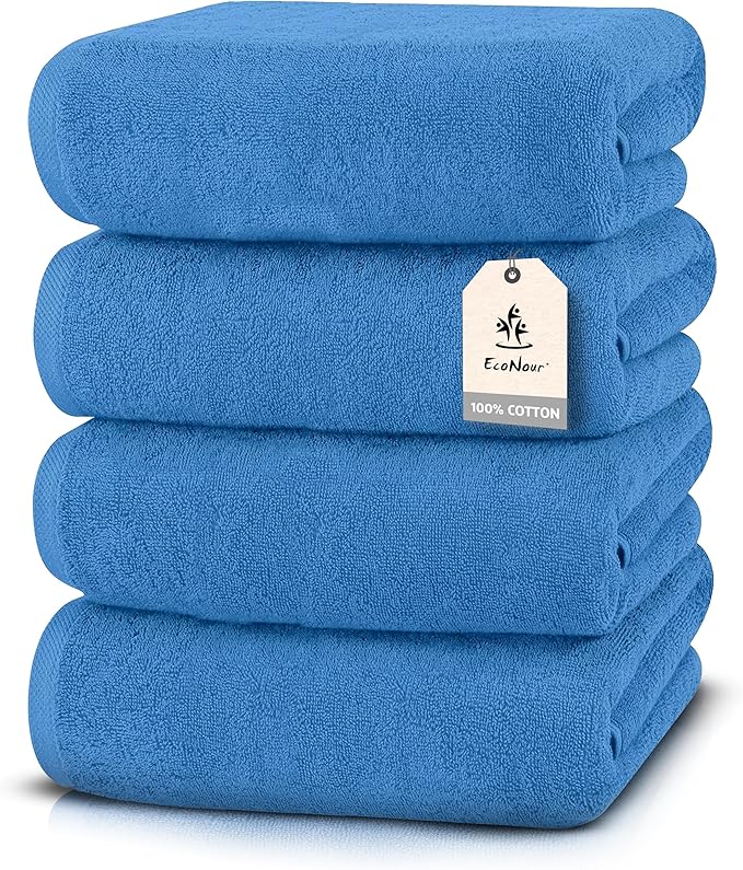 EcoNour 4 Pack Blue Bath Towels (27x54 Inch, 550 GSM) | 100% Cotton Soft & Absorbent Towel Set | Quick-Dry, Lightweight, Durable Bathroom Towels for Home, Gym, Spa & Travel