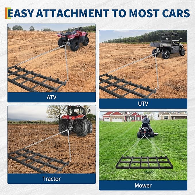GarveeLife Drag Harrow Lawn Tractor, 4 ft Heavy Duty Driveway Drag with Chain for Gravel, 4 Safety Belts, Tow Behind Lawn Rake for ATV, Farm Field Garden