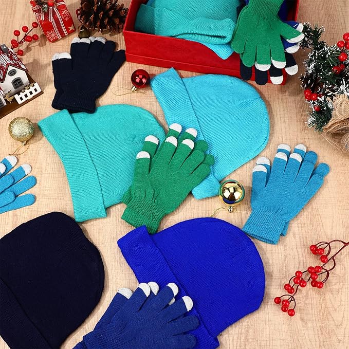 Kenning 56 Pcs Winter Beanies and Gloves Combo Kit Include 28 Pair Winter Gloves 28 Pcs Knitted Beanies Unisex Hats for Adult