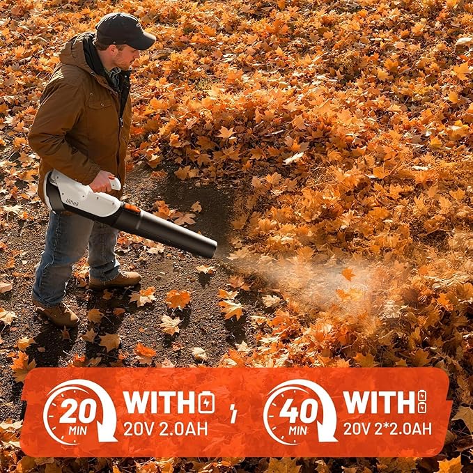 Litheli 20V Cordless Leaf Blower with 2×2.0Ah Batteries, 350CFM/85MPH Lightweight Electric Blower, 2-Speed Handheld Battery Leaf Blower for Lawn, Garden, Patio, Yard & Dust Cleanup