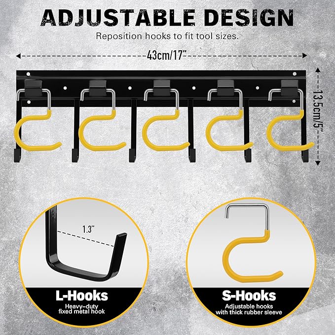 ELEAD 68'' All Metal Adjustable Garden Tool Organizer: Garage Tool Organizer Wall Mount with Yellow Hooks, Garage Organizers and Storage, Tool Hangers for Shed