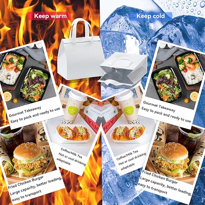 50 Pcs Insulated Take Away Bags, Disposable Lunch Bags For Food Takeaways, Coffee, Milk Tea, Seafood, Pizza, For Restaurants And Grocery Shops 9.5 x 6 x 10 In (white)