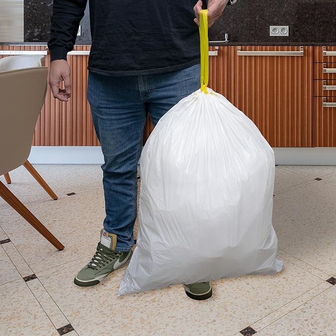 100 Count Medium Drawstring Kitchen Liners, 13 Gallon, 24x27 Inches for Home, Small Business Waste Disposal, Recycling & Garbage Management