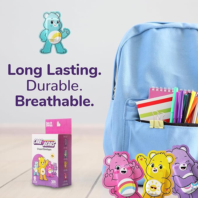 BioSwiss Care Bears Kids Bandages, Unlock The Magic Care Bear Shaped Self Adhesive Bandage Set, Latex Free, Sterile Wound Care, 100 Count
