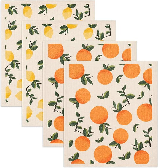 Swedish Dishcloths 4 Pack Yellow Lemons and Oranges Print Reusable Sponges Kitchen Cleaning Cloth Dish Scrubber, Machine Washable, Measures 7.87”x6.88 inches.