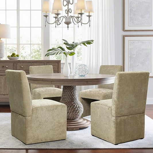 Upholstered Dining Chairs Set of 4 Modern Kitchen & Dining Room Chairs Linen Fabric Dining Chairs with Wooden Frame, Khaki