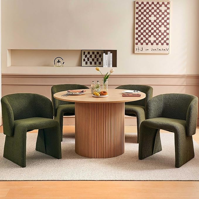 5-Piece Dining Table Set for 4, Modern Round MDF Kitchen Table with Oak Finish, Two-Part Tabletop, Stylish Breakfast Table and 4 Cozy Dining Side Chairs Upholstered Set