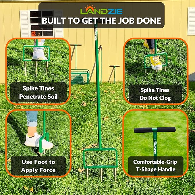 Landzie - The Original Spike Tine Fork Lawn Aerator - 42 Inch Manual Stainless Steel Gardening Hand Tool - Grass Dethatcher Aerator Lawn Tool with Solid Tines for Compacted Soil