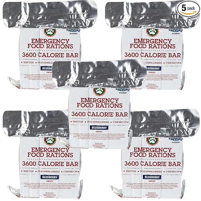 Grizzly Gear Emergency Food Rations- 3600 Calorie Blueberry Bar - 15 Day, 360 Hour Supply For Disaster, Hurricane, Flood Preparedness - Less Sugar, More Nutrients Than Other Brands - 5 Year Shelf Life