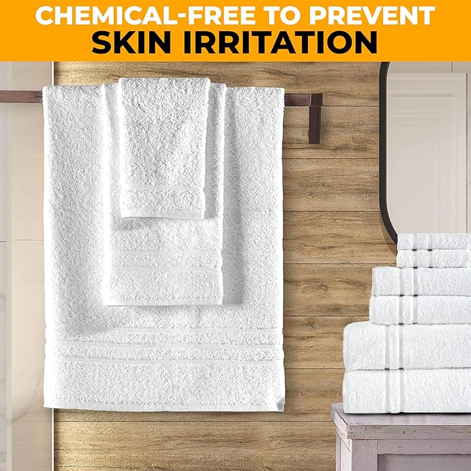 EcoNour Luxury 100% White Turkish Cotton Towel Set 550 GSM– 6 Piece Bathroom Towels Set Includes 2 Bath Towels, 2 Hand Towels, 2 Washcloths – Soft, Absorbent, Quick Dry for Bathroom, Spa,Gym & Hotel