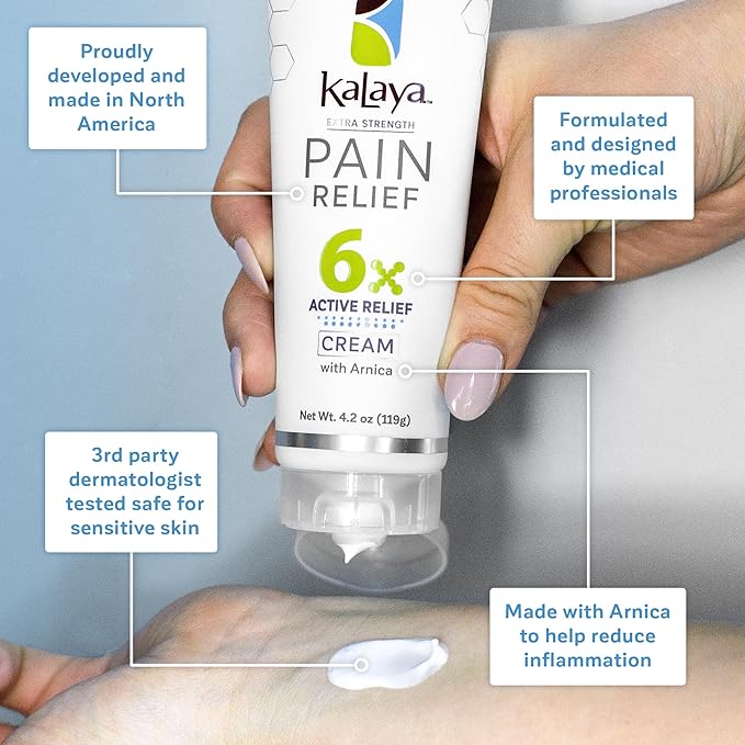 Kalaya Pain Relief Cream with Arnica for Muscles and Joints – 6 Natural Active Ingredients with Long Lasting and Fast Acting Relief in 3 Minutes - Dermatologist Tested to Soothe Tension - 4.2 oz