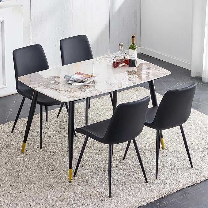 Marble Modern Dining Table Set for 4, 50" Sintered Stone Kitchen Table and 4 Upholstered PU Leather Chair Dining Room Table Set for 4(1Marble Table and Black Chairs Set of 4)
