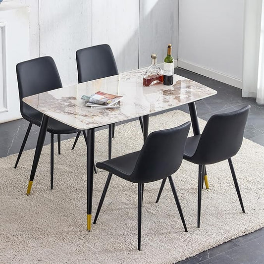 Marble Modern Dining Table Set for 4, 50" Sintered Stone Kitchen Table and 4 Upholstered PU Leather Chair Dining Room Table Set for 4(1Marble Table and Black Chairs Set of 4)