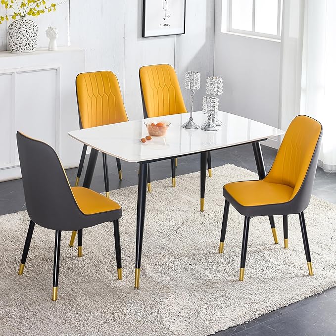50" White Modern Sintered Stone Dining Table Set for 4 Faux Marble Dining Table with 4 Upholstered PU Leather Chair Dining Room Table Set (1White Table+4Orange and Gray Chairs)