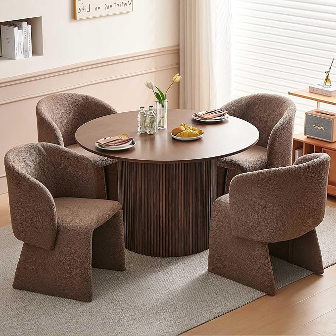 Dining Table Set for 4, 47" Circle Kitchen Table and Brown Upholstered Barrel Dining Room Chairs, Rustic 5-Piece Dinette Set, Engineered Wood Two-Part Tabletop with Walnut Finish