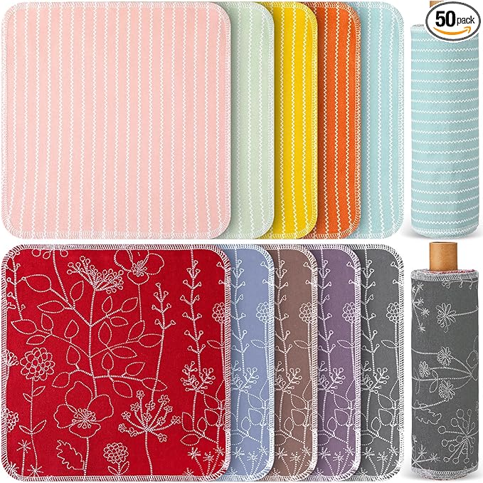 Redbaker 50 Pcs Reusable Paper Towels Paperless Reusable Cotton Cloths Toilet Absorbent Washable Paper Towels with Roll Kitchen Dishcloth for Kitchen Paperless Dishcloths(Stripe)